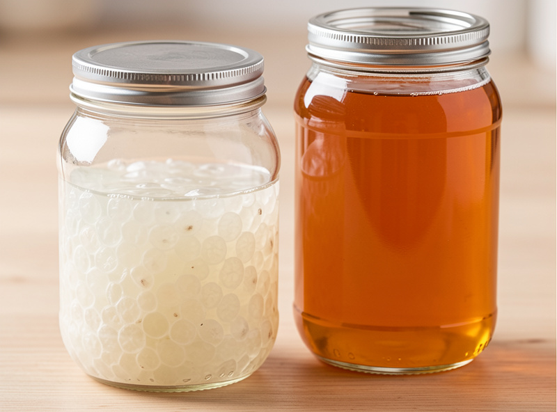 Water kefir grains in a jar of sugar water beside a jar of kombucha