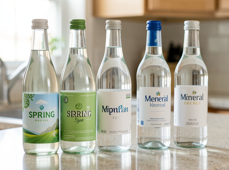 Several bottles of spring and mineral water lined up with their labels visible