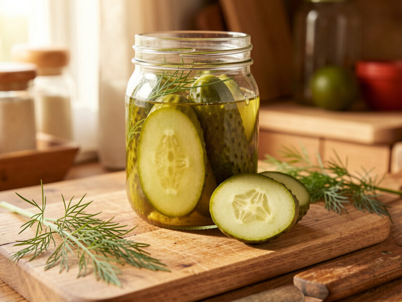 A jar of fermented pickles with one sliced open revealing a hollow center on a cutting board