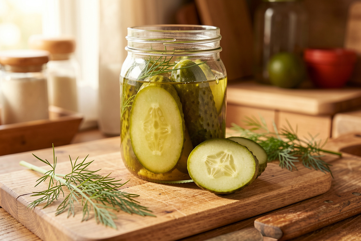 A jar of fermented pickles with one sliced open revealing a hollow center on a cutting board