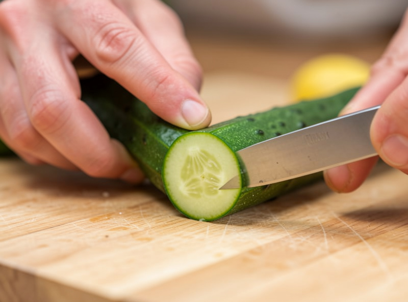 A hand trimming the blossom end off a fresh pickling cucumber with a paring knife on a cutting board