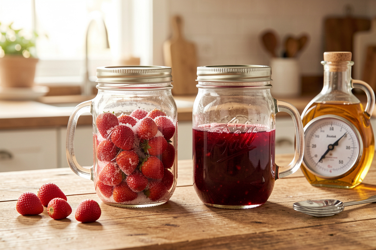 Two mason jars side by side, one with raw macerating strawberries in sugar and one with a cooling cooked ruby fruit syrup