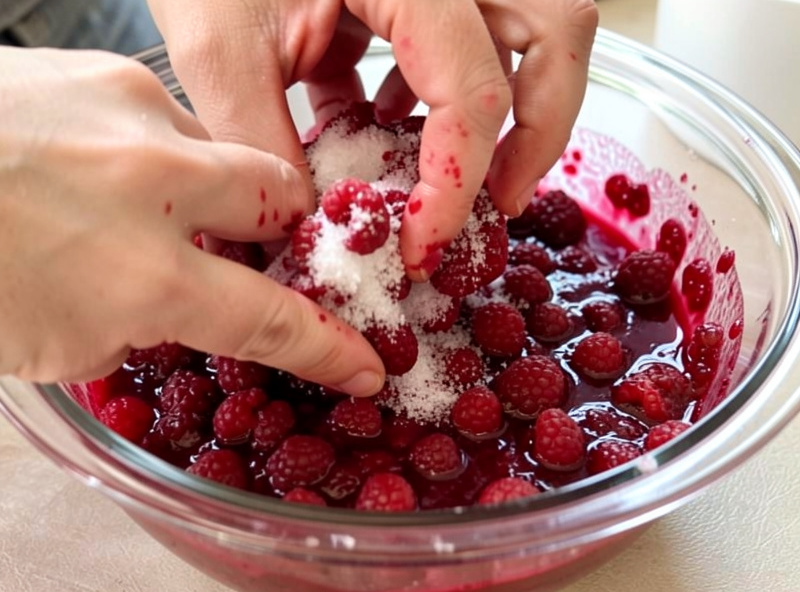 Hands mashing macerated raspberries and sugar into a deep red slurry in a glass bowl with juices pooling