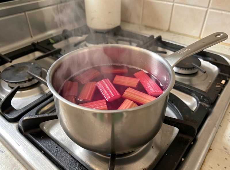 Small saucepan of simmering rhubarb and sugar syrup on a stovetop with steam rising, deep pink color