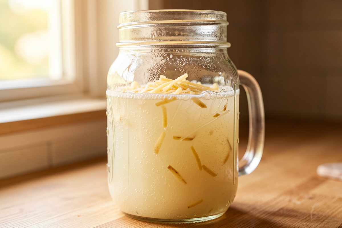 Healthy active ginger bug starter bubbling in a glass mason jar with grated ginger