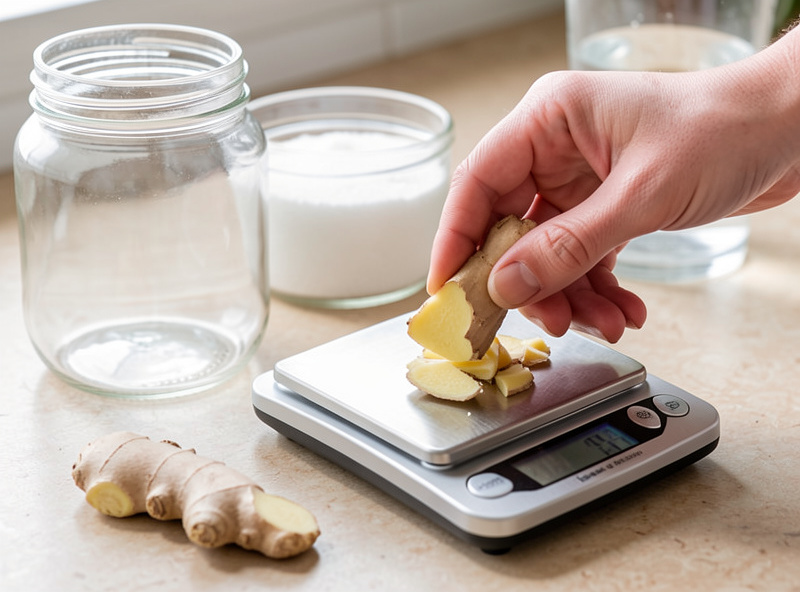 Hands grating fresh ginger onto a digital kitchen scale beside a glass jar