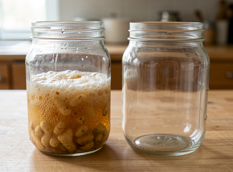 Two glass jars side by side, one with a lively bubbling ginger bug and one flat and dull