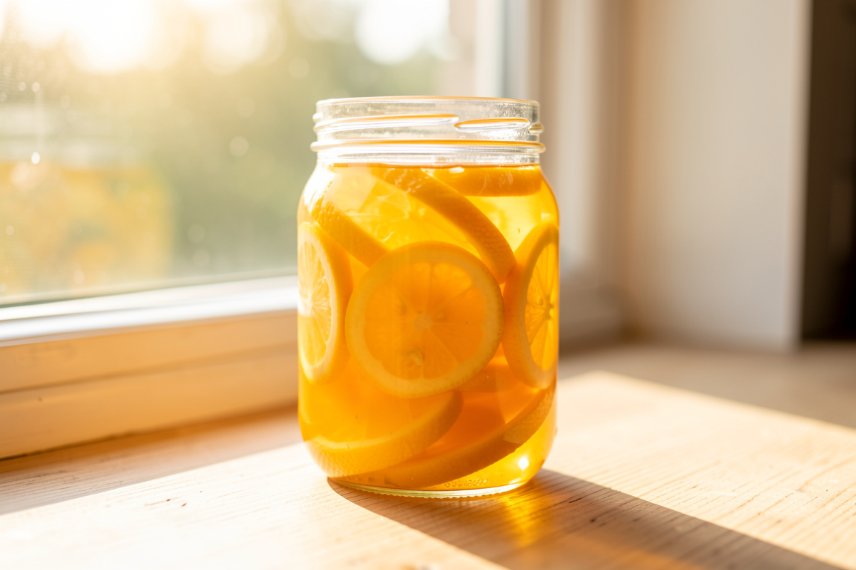 Jar of finished golden preserved lemons glowing on a sunlit kitchen windowsill