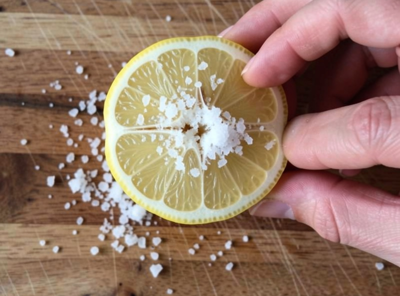 A lemon quartered from the top with the base intact, cut faces being packed with coarse salt