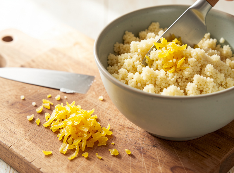 Finely minced preserved lemon peel being added to a bowl of couscous