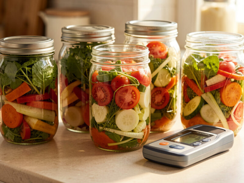 Jars of fermenting vegetables with a pH meter for low-salt safety checks