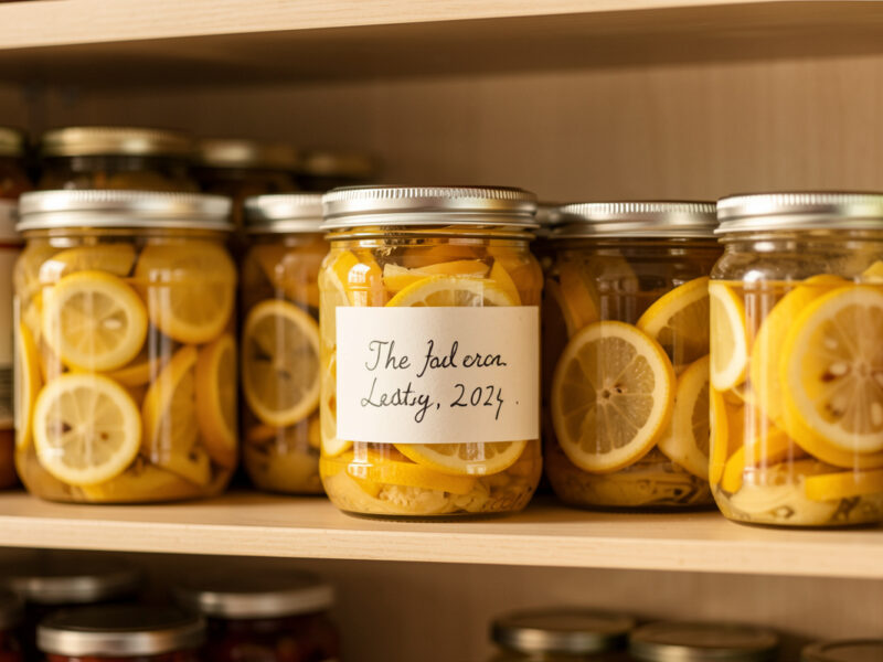 Jars of preserved lemons stored on a cool pantry shelf with a dated handwritten label