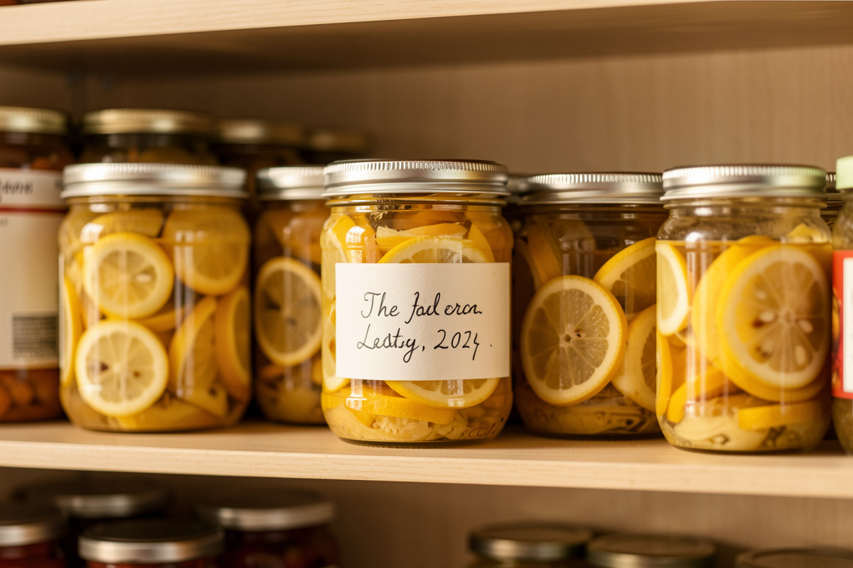 Jars of preserved lemons stored on a cool pantry shelf with a dated handwritten label