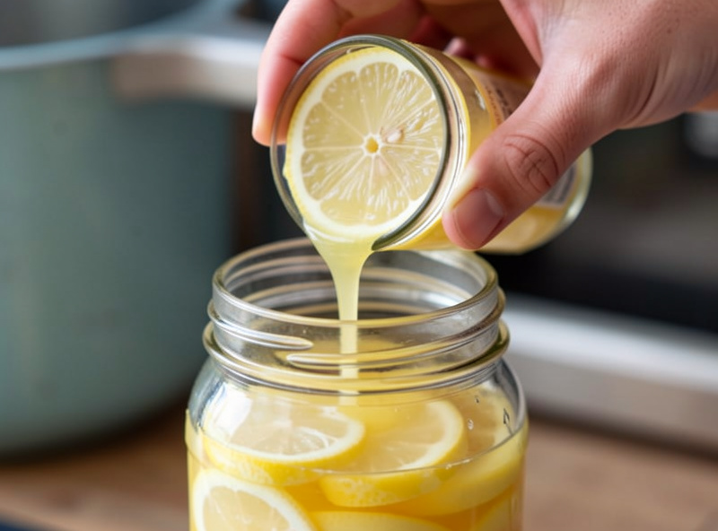 A hand pouring fresh lemon juice into a jar of preserved lemons to top up the brine