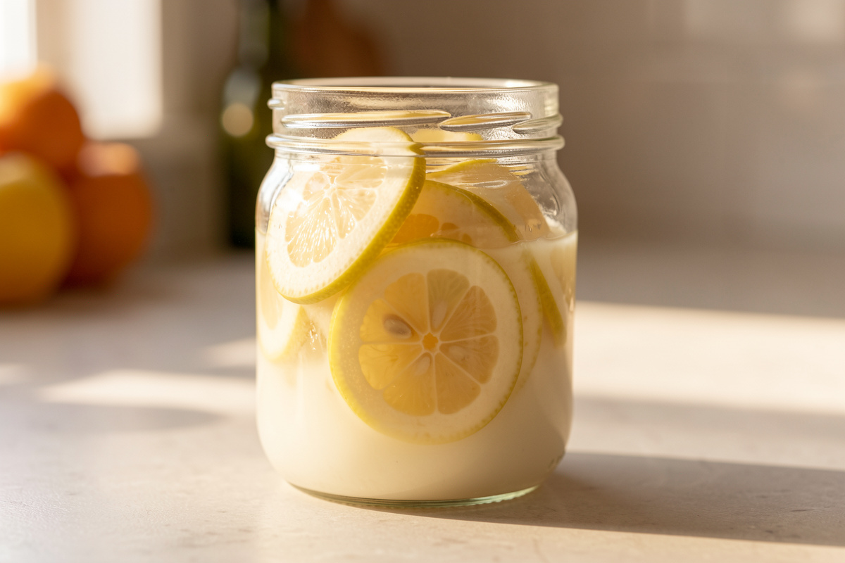 Jar of preserved lemons with thick cloudy brine and softened translucent rinds