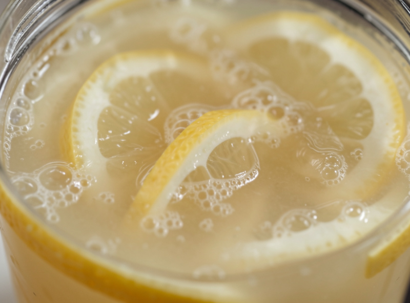 Extreme close-up of cloudy milky preserved-lemon brine with soft slumped lemon wedges