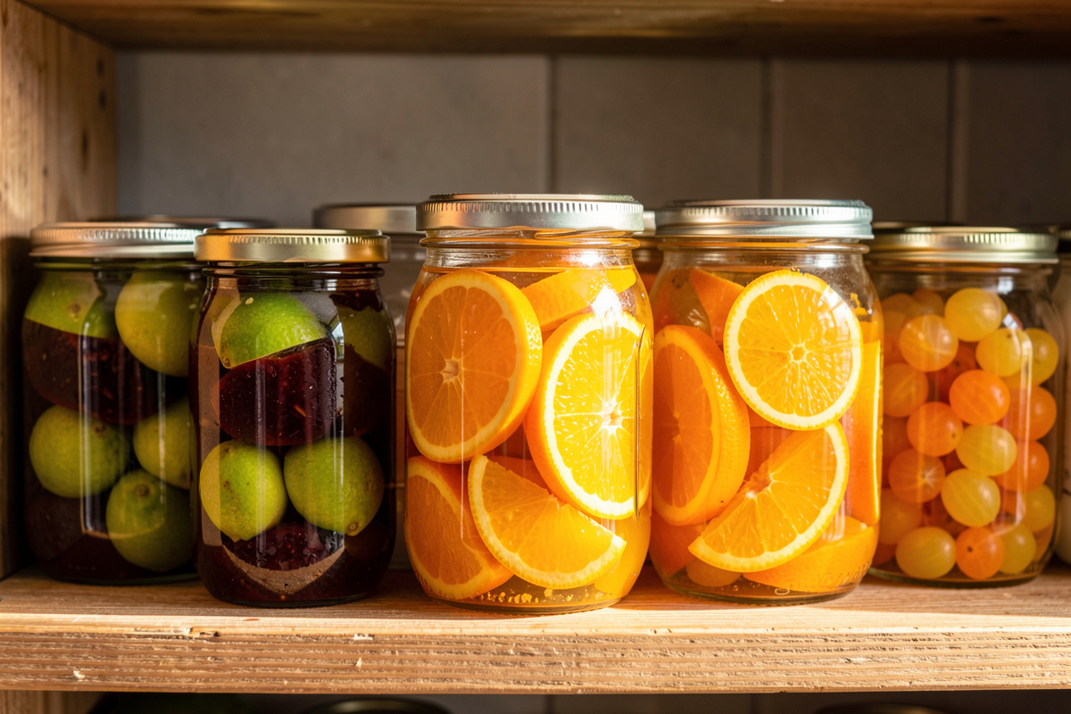 Jars of salt-preserved limes, oranges, and kumquats lined up on a wooden shelf