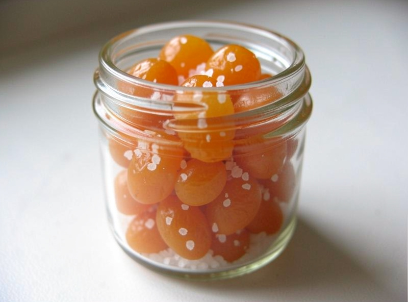 Whole tiny preserved kumquats packed with salt in a small jar, glossy and translucent