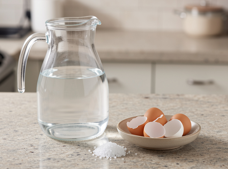 A jug of distilled water beside a small dish of unrefined sea salt and eggshell on a counter