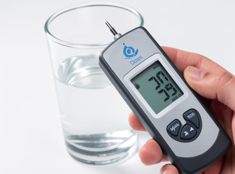 A TDS meter reading the mineral content of remineralized water in a glass