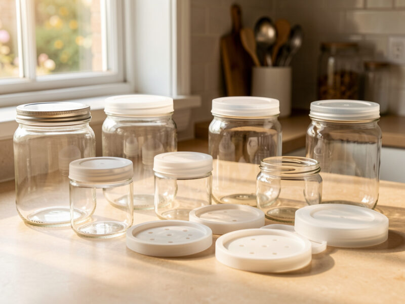 Glass fermentation jars and silicone airlock lids laid out near a sunny window