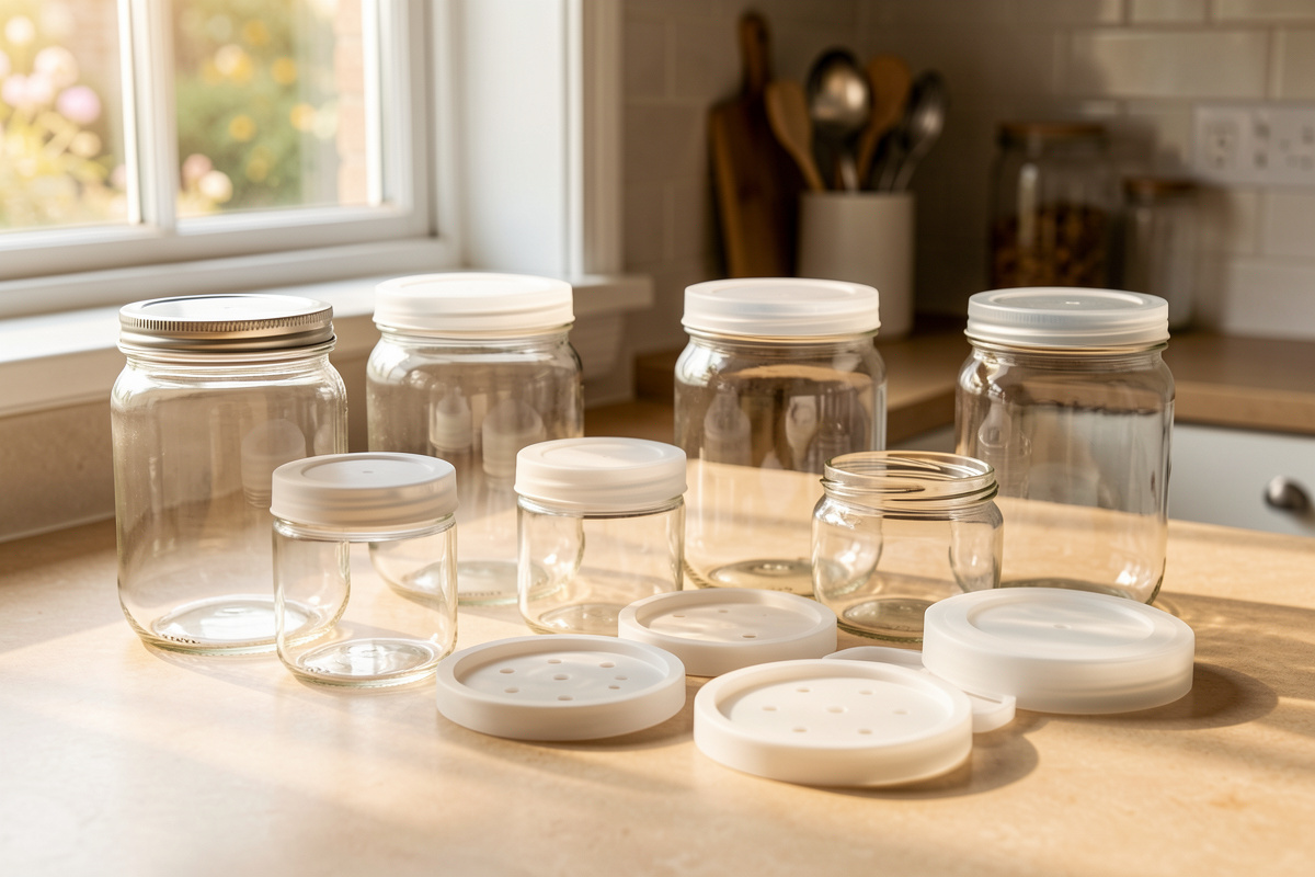 Glass fermentation jars and silicone airlock lids laid out near a sunny window