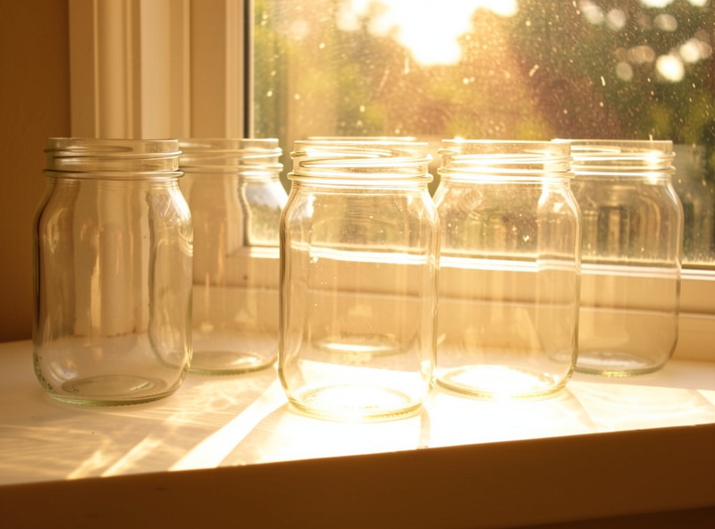 Clean empty glass fermentation jars lined up on a bright windowsill in direct sunlight to air out