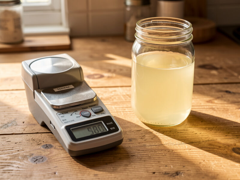 A salinity refractometer and kitchen scale on a fermentation bench