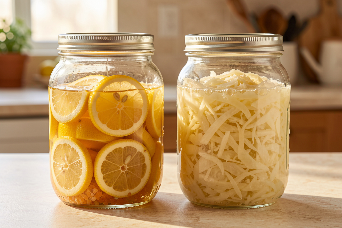 A jar of golden salt-preserved lemons beside a jar of bubbling sauerkraut on a counter