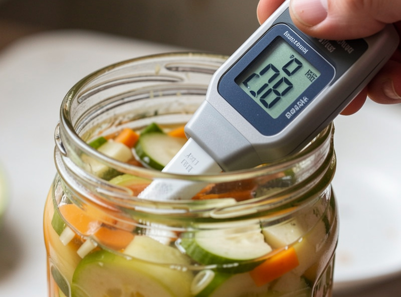 A digital pH meter probe dipped into a jar of fermenting vegetable brine