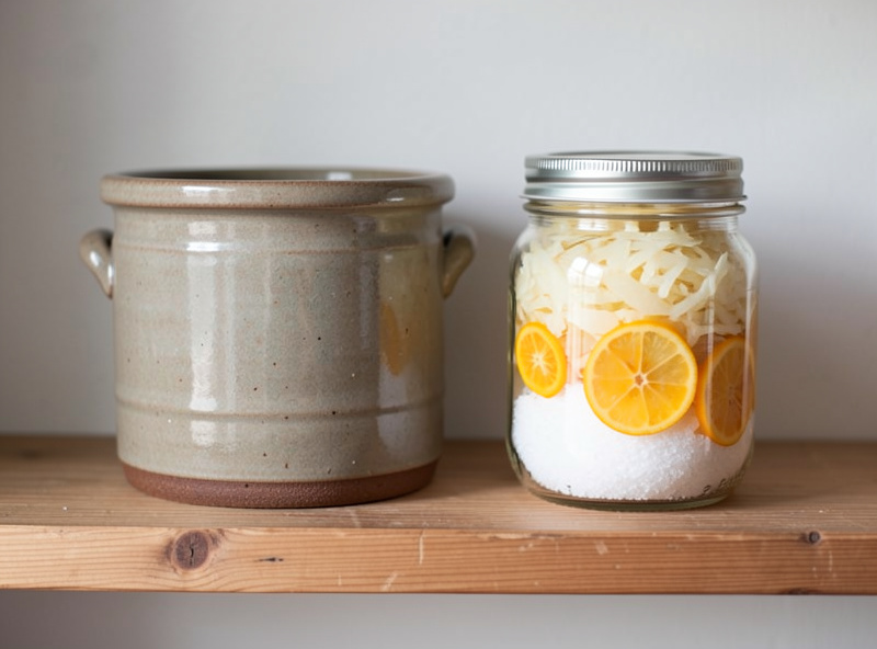 A stoneware sauerkraut crock beside a jar of salt-packed preserved lemons on a wooden shelf