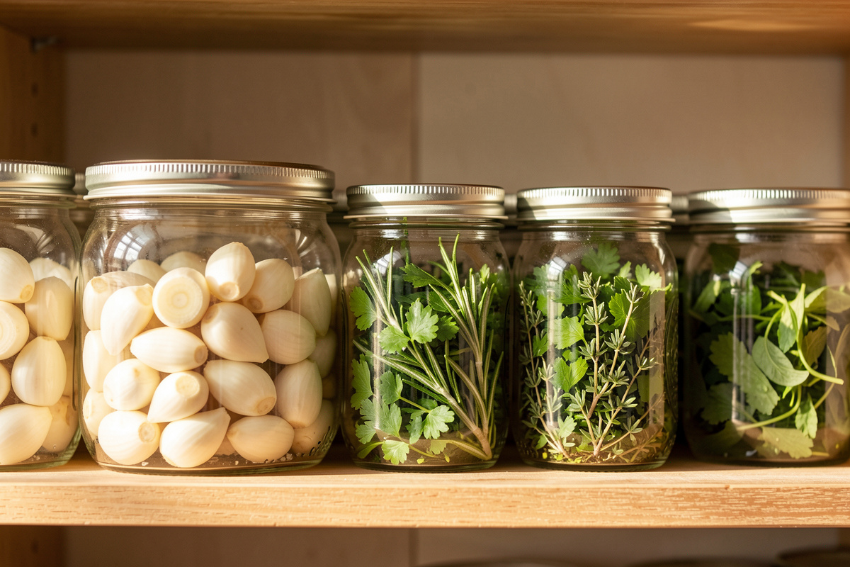 Pantry shelf with jars of salt-preserved garlic cloves and salt-cured green herbs