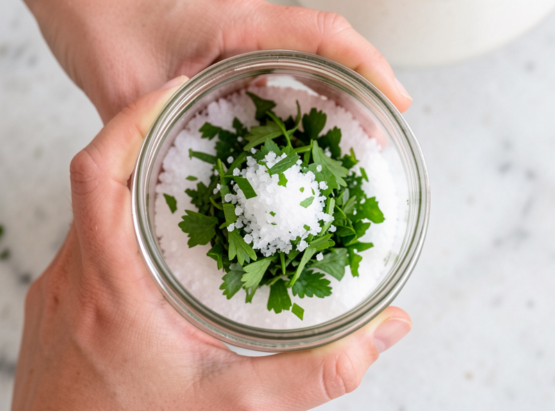Hands layering fresh chopped parsley with coarse salt in a glass jar