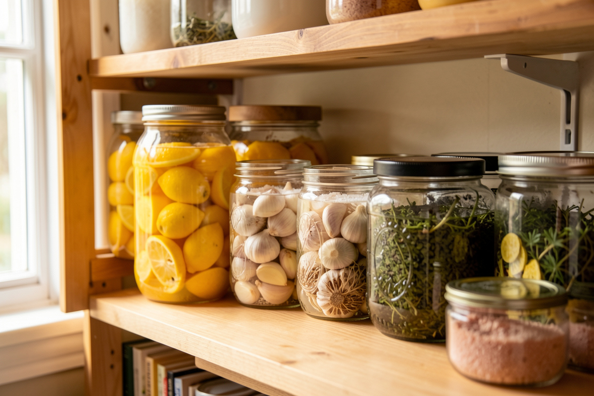 Home fermentation shelf lined with jars of salt-preserved lemons, garlic, and herbs in warm light