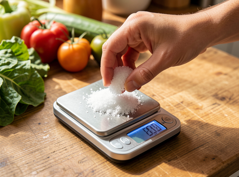 A hand placing coarse salt onto produce on a small digital kitchen scale reading grams