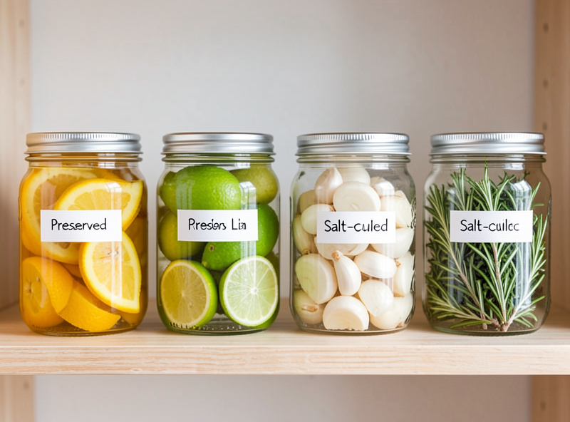 A row of four labeled glass jars — preserved lemons, limes, garlic, and rosemary