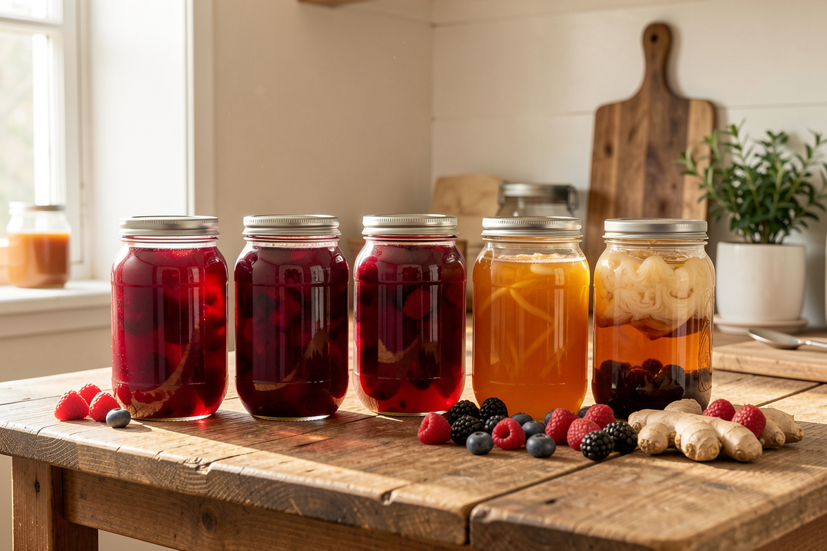 Home fermentation bench with jars of ruby and amber fruit shrubs, a live vinegar mother, berries and ginger in warm window light
