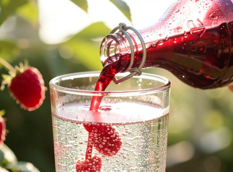 Ruby raspberry shrub syrup poured from a swing-top bottle into a glass of sparkling water, backlit