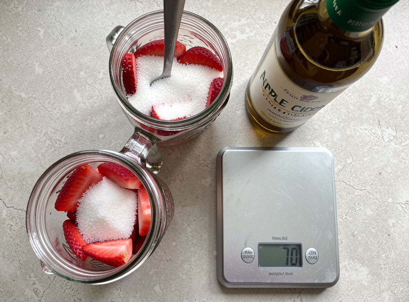 Overhead flat lay of a strawberry and sugar shrub maceration in a mason jar beside apple cider vinegar and a digital kitchen scale