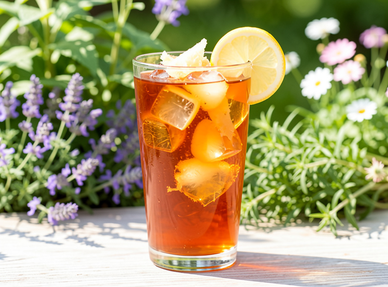 Tall glass of amber switchel over ice with fresh grated ginger and a lemon slice, garden herbs behind
