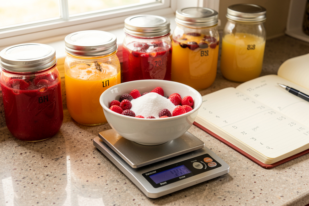 Digital scale weighing sugar into a bowl of berries with jars of shrub at different sweetness levels behind and a notebook of numbers