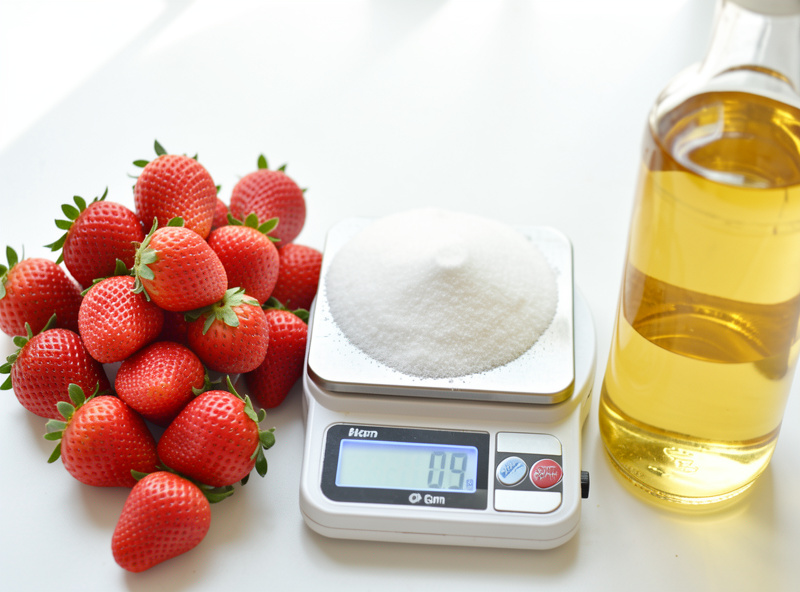White sugar weighed on a 0.1 gram digital scale next to fresh strawberries and a bottle of vinegar