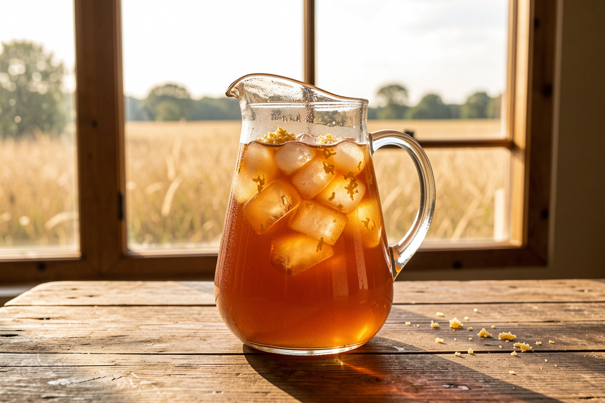 Large glass pitcher of amber switchel with ice and grated ginger on a rustic table with a sunny haymeadow window behind