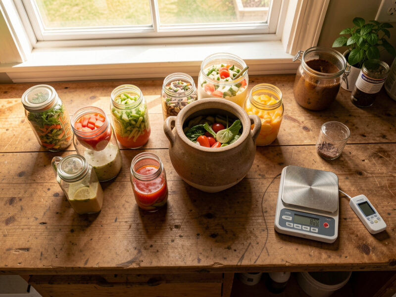Home fermentation workbench with jars and a stoneware crock, a pH meter and scale beside them