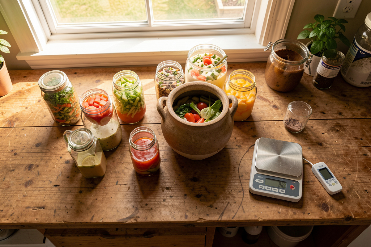 Home fermentation workbench with jars and a stoneware crock, a pH meter and scale beside them