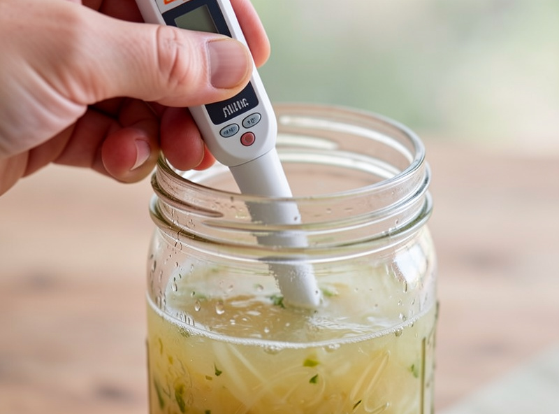 Hand holding a calibrated digital pH meter probe dipped into cloudy vegetable brine in a mason jar