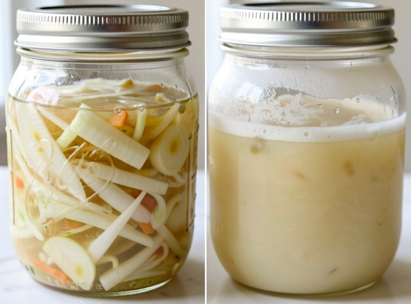 Two jars side by side, one with healthy clear active fermenting vegetables and one with a hazy film on top