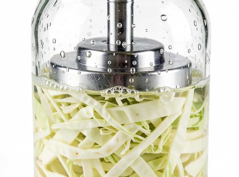 Glass fermentation weight pressing shredded cabbage below the brine line inside a wide-mouth jar with bubbles clinging to the glass