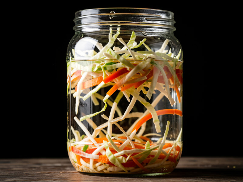 Shredded vegetables floating above the brine line inside a glass fermentation jar