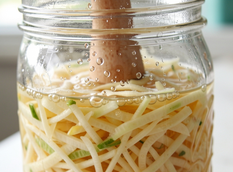 A clear glass fermentation weight pressing shredded vegetables below the brine surface with bubbles clinging to the glass
